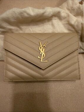 Saint Laurent Envelope Wallet Clutch in Taupe with Gold YSL Hardware